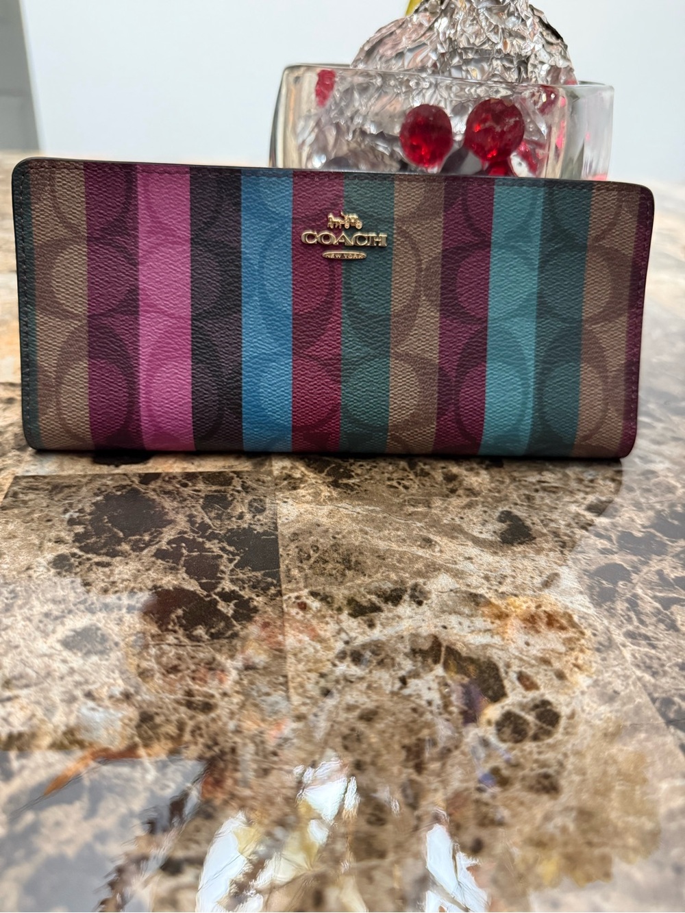 COACH Multicolor Signature Stripe Card Holder in Pink, Teal & Burgundy